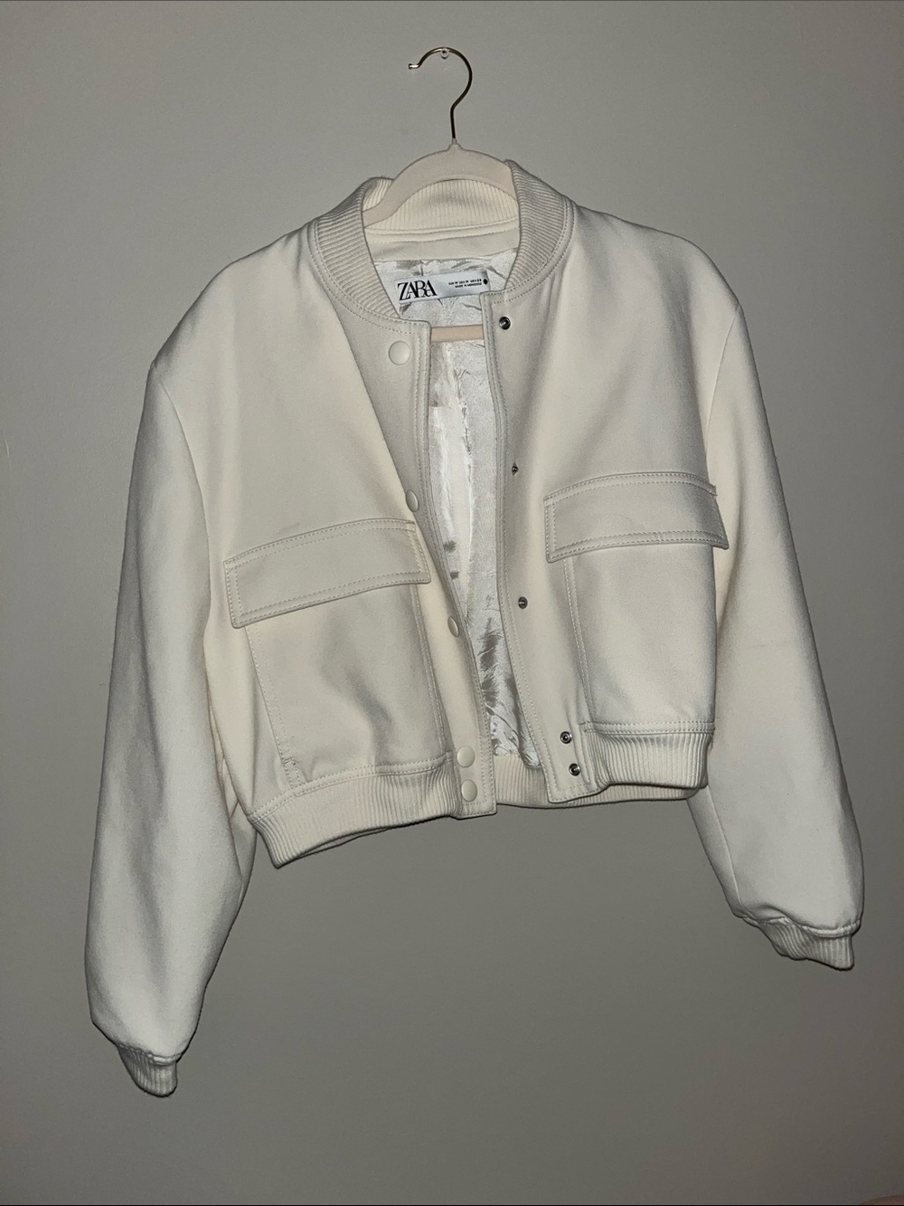 Zara Cream ecru viral Cropped Bomber Jacket with Flap Pockets up